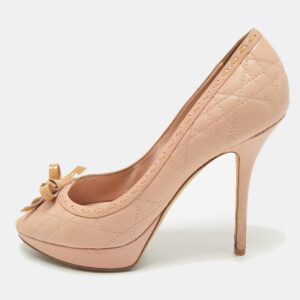 Dior Beige Cannage Leather and Patent Leather Bow Peep Toe Platform Pumps Size 40