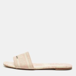 Dior Pink/Cream Embroidered Canvas Dway Flat Slides Size 40.5