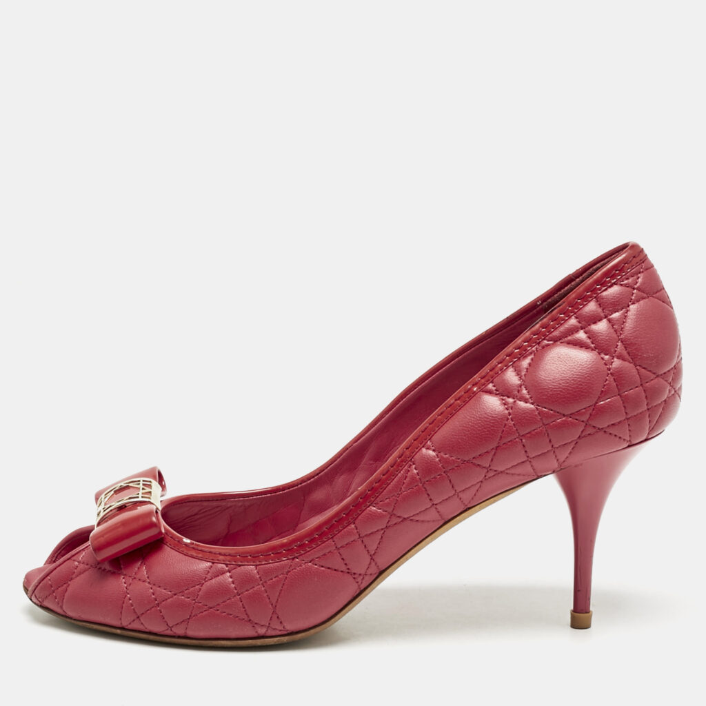 luxury-women-dior-used-shoes-p1169124-009 Dior Red Cannage Leather Bow Detail Peep Toe Pumps Size 41