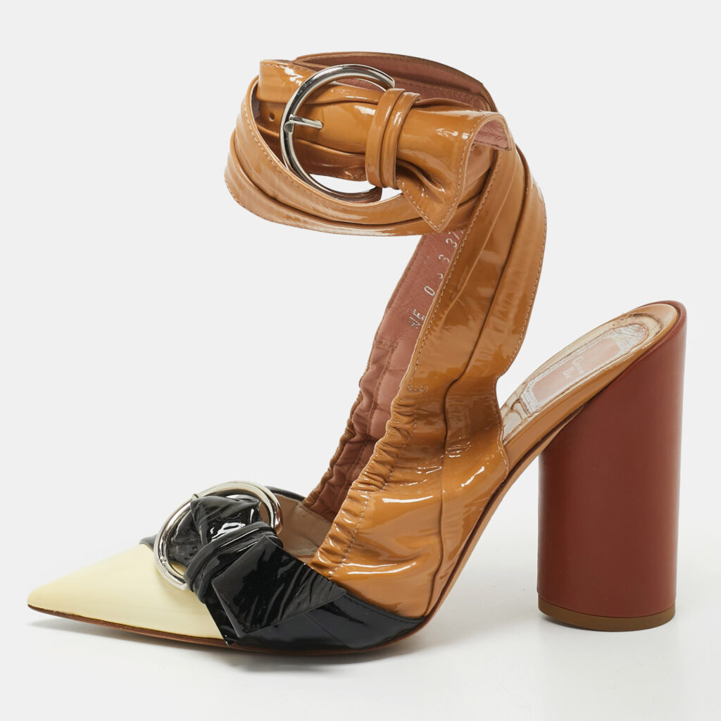 luxury-women-dior-used-shoes-p1169257-010 Dior Tri Color Patent Leather Conquest Ankle Wrap Sandals Size 37.5