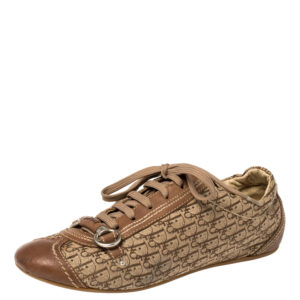 Dior Brown Leather and Diorissimo Canvas Low Top Sneakers Size 37