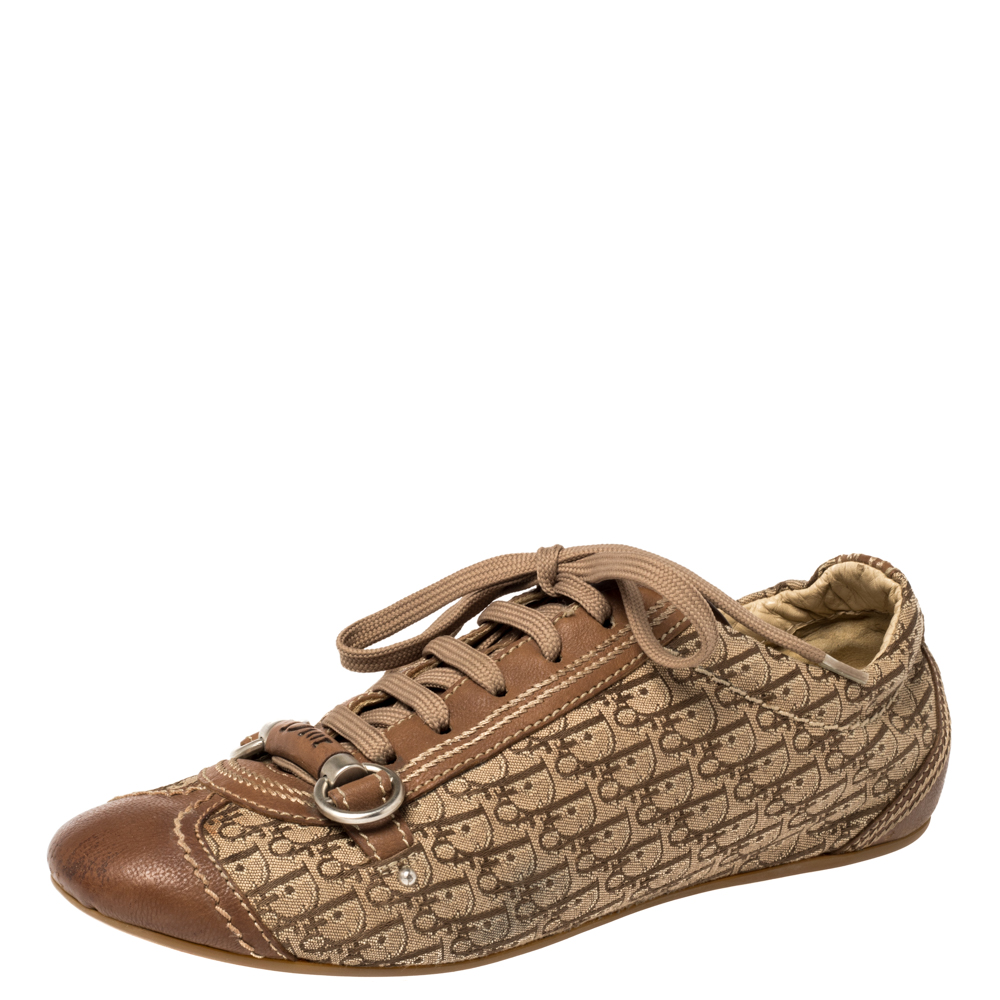 Dior Brown Leather and Diorissimo Canvas Low Top Sneakers Size 37