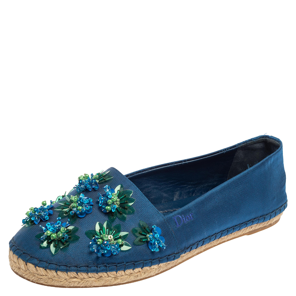 luxury-women-dior-used-shoes-p387337-006 Dior Blue Mesh Espadrille Slip On Ballet Flats Size 39
