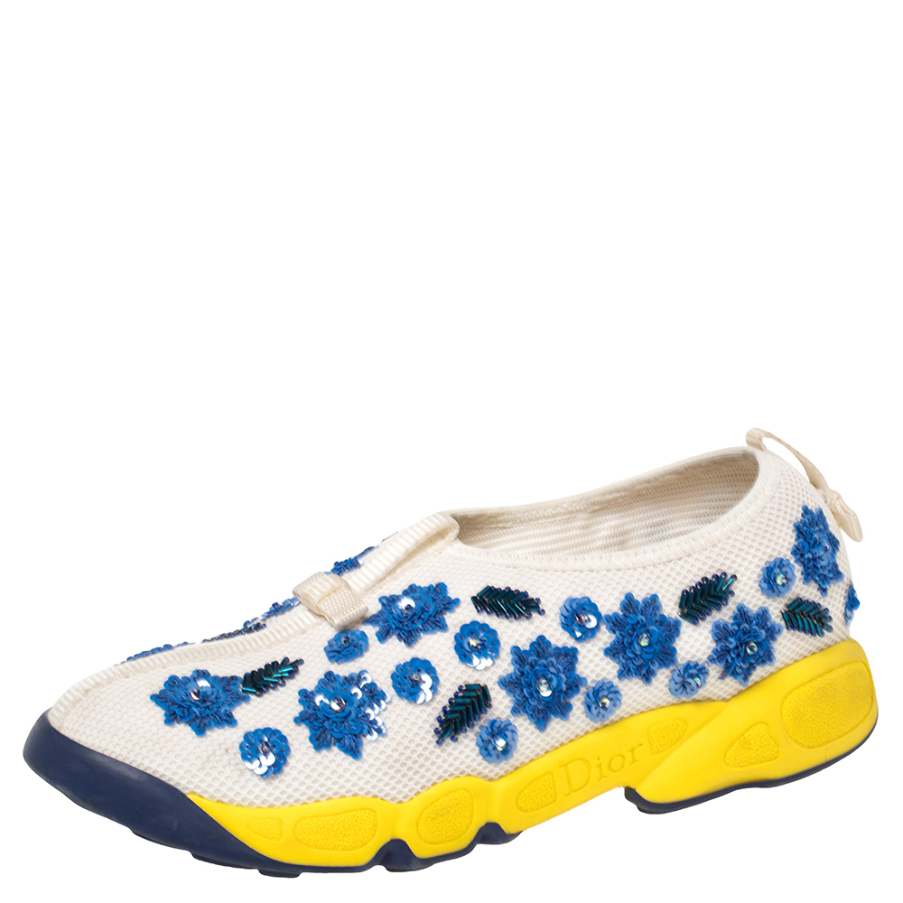 luxury-women-dior-used-shoes-p389260-002 Dior White Mesh Fusion Floral Sequins Embellished Slip On Sneakers Size 38