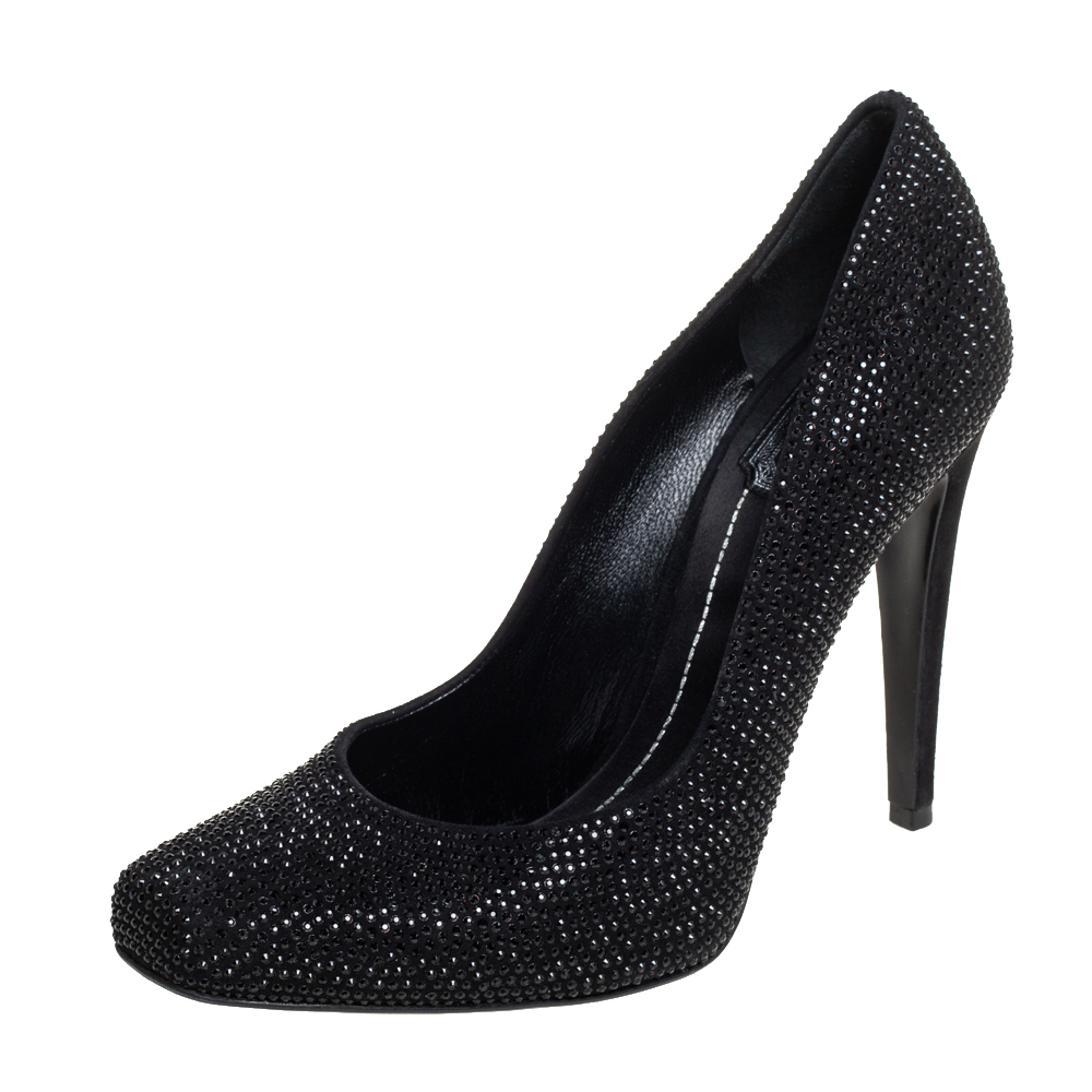 luxury-women-dior-used-shoes-p444872-003 Dior Black Crystal Embellished Suede Square Toe Pumps Size 40