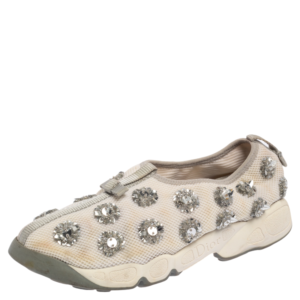 luxury-women-dior-used-shoes-p467263-007 Dior White Mesh Fusion Floral Embellished Slip On Sneakers Size 38