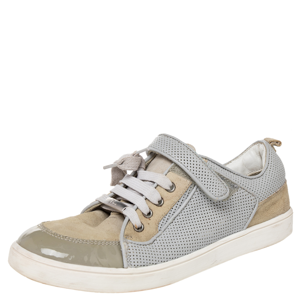 luxury-women-dior-used-shoes-p472905-003 Dior Beige/Grey Mesh And Patent Leather Low Top Sneakers Size 34