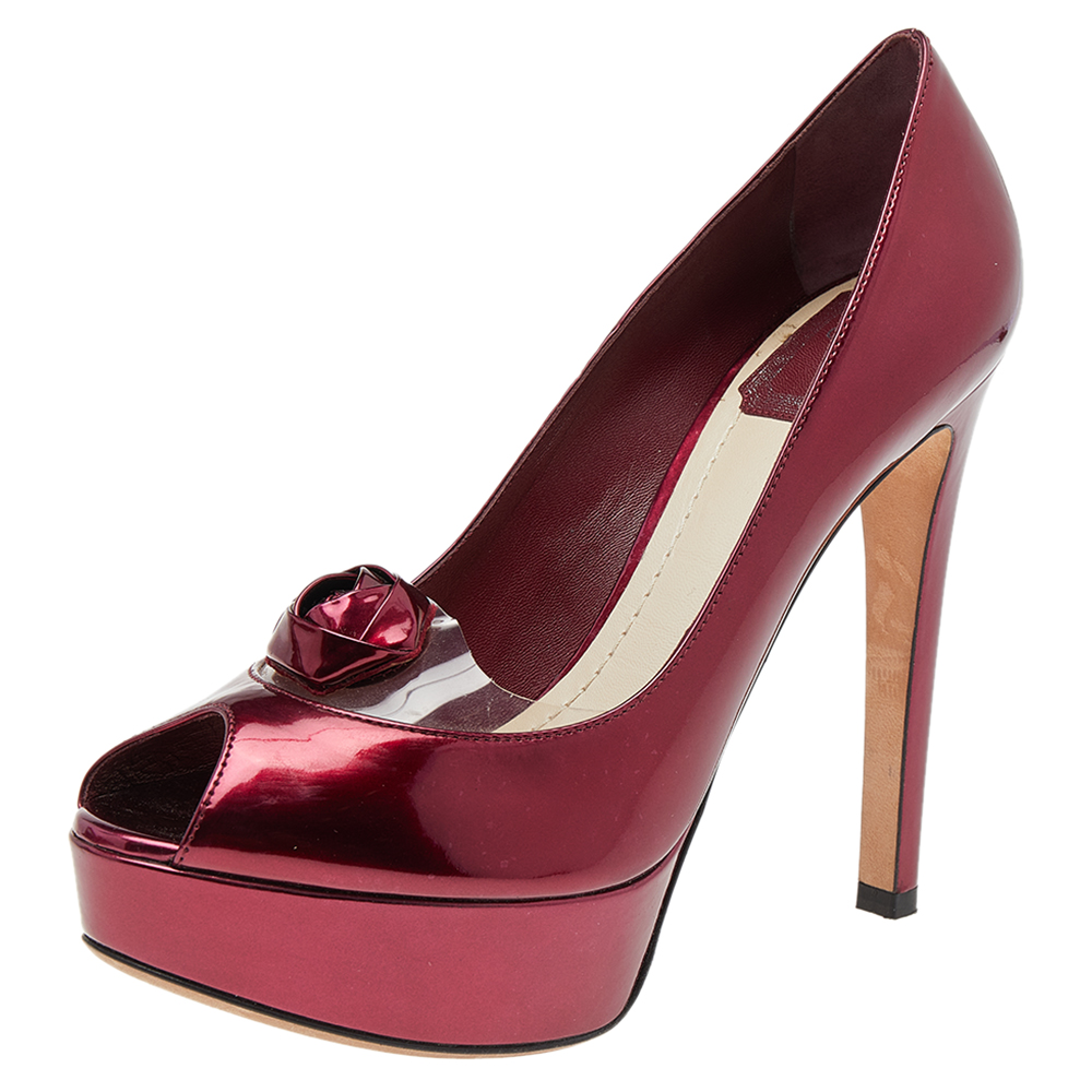 luxury-women-dior-used-shoes-p500285-005-1 Dior Burgundy Patent Leather Flower Platform Pumps Size 37.5