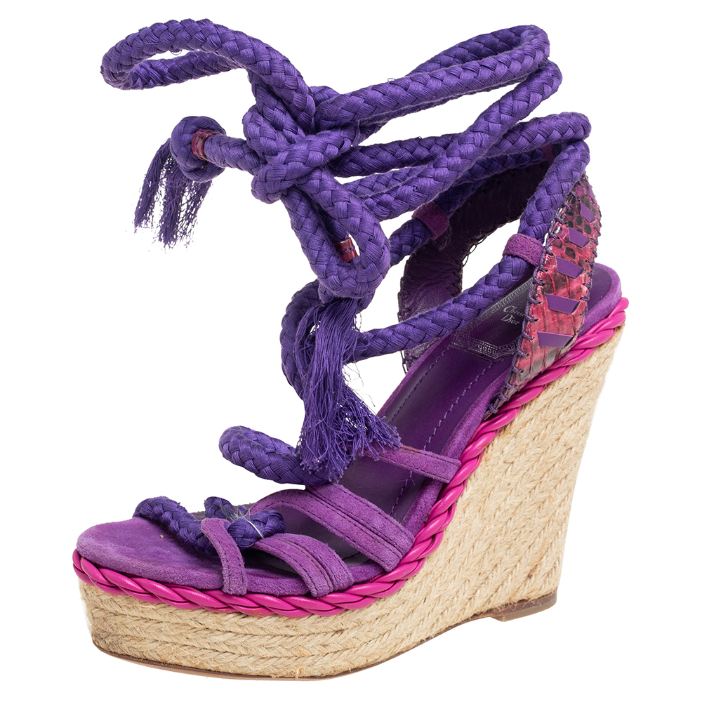 luxury-women-dior-used-shoes-p526901-002-2 Dior Purple Suede And Python Leather Espadrille Wedge Ankle Wrap Sandals Size 36