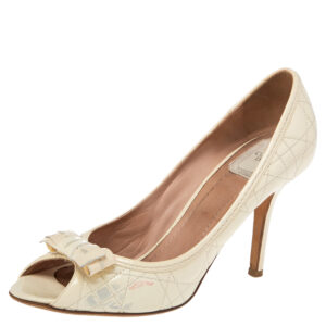 Dior Cream Cannage Patent Leather Bow Peep Toe Pumps Size 40