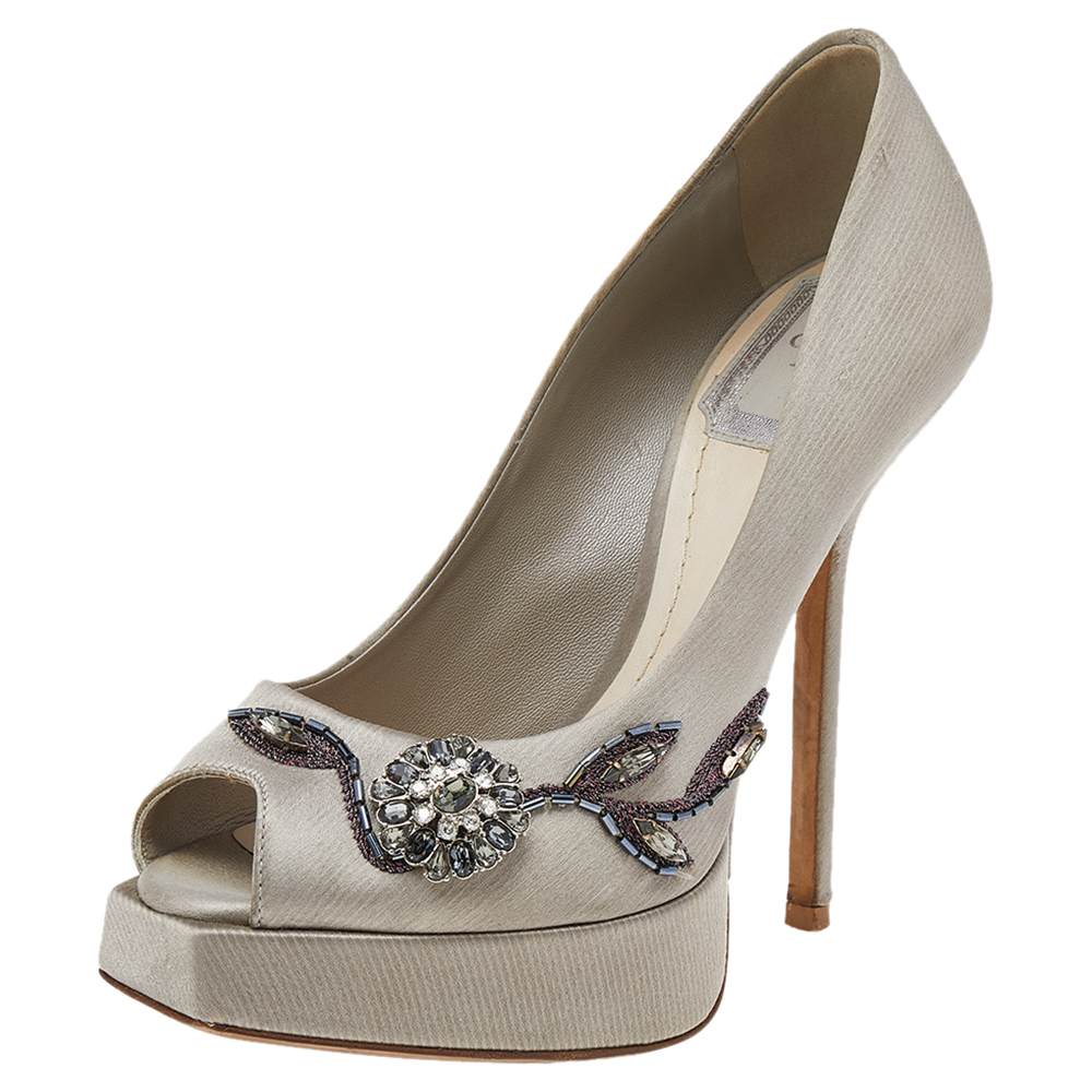 Dior Grey Embellished Satin Peep Toe Platform Pumps Size 35