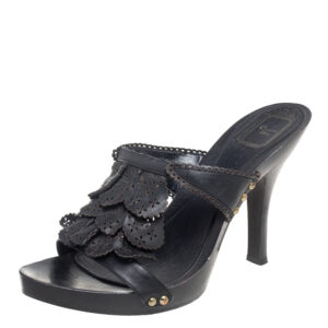 Dior Black Leather Laser Cut Detail Clog Sandals Size 41