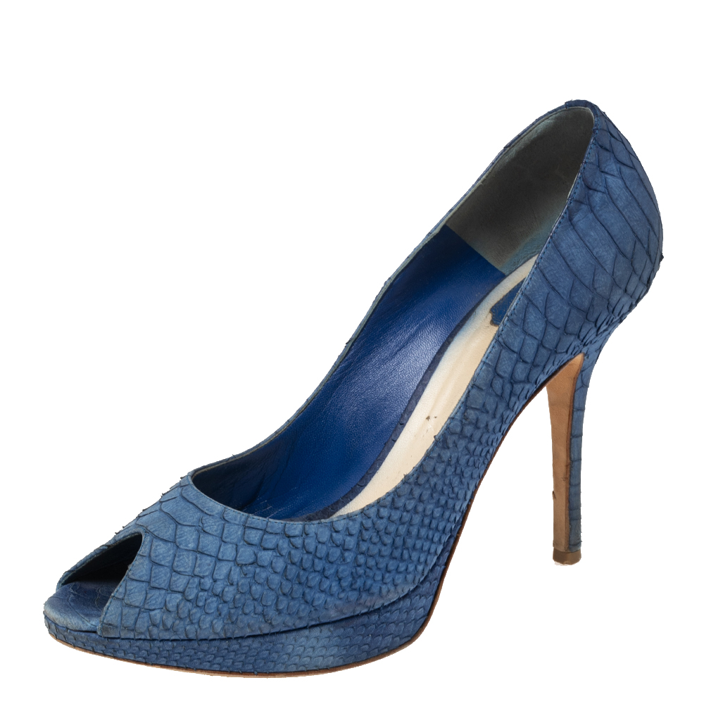 luxury-women-dior-used-shoes-p569413-003-2 Dior Blue Python Embossed Leather Miss Dior Peep-Toe Pumps Size 41