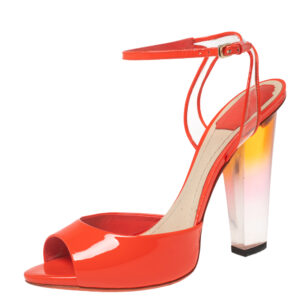 Dior Orange Patent Leather and PVC Clear Block Heels Ankle-Strap Sandals Size 41