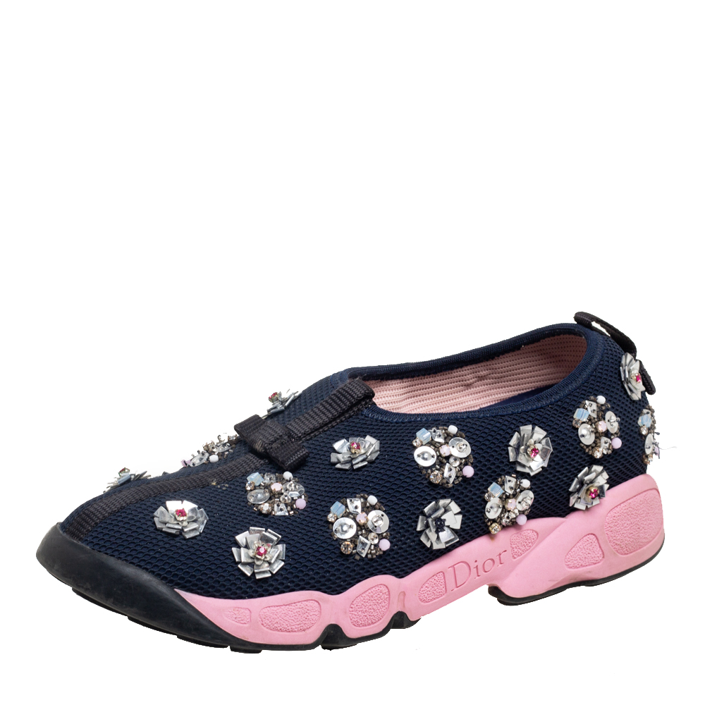luxury-women-dior-used-shoes-p582684-003-2 Dior Navy Blue Mesh Fusion Embellished Sneakers Size 36.5