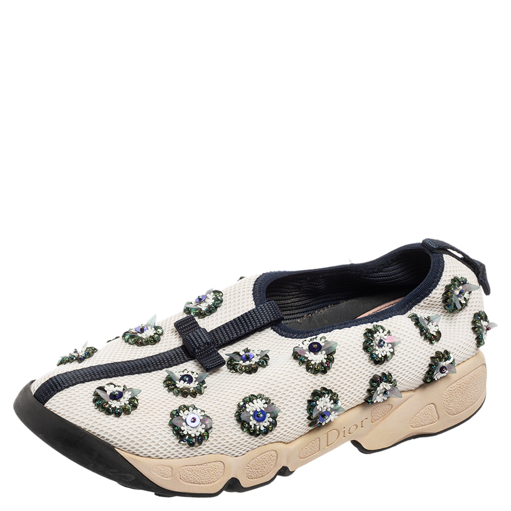 luxury-women-dior-used-shoes-p590498-005-2 Dior White/Black Sequins Embellished Mesh Fusion Slip-on Sneakers Size 36.5