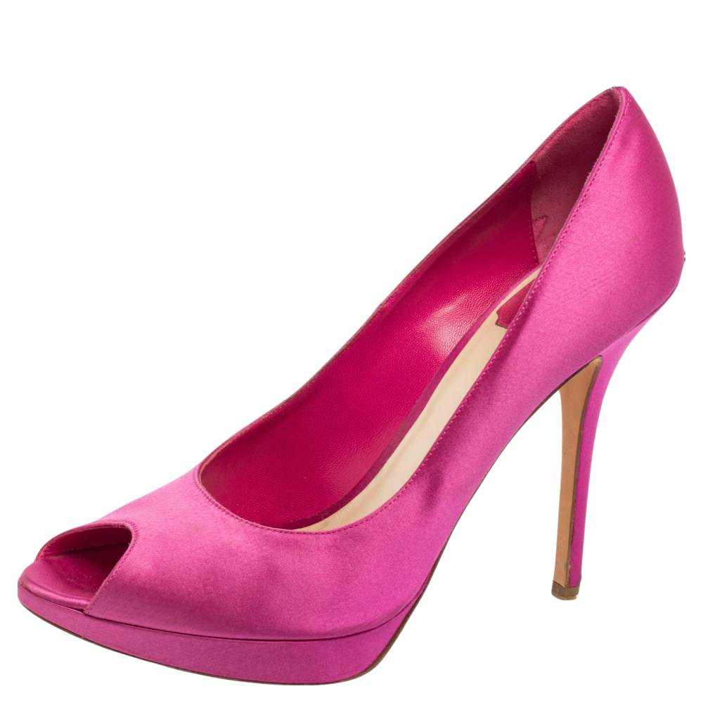 luxury-women-dior-used-shoes-p596375-007-2 Dior Pink Satin Miss Dior Peep-Toe Pumps Size 40.5