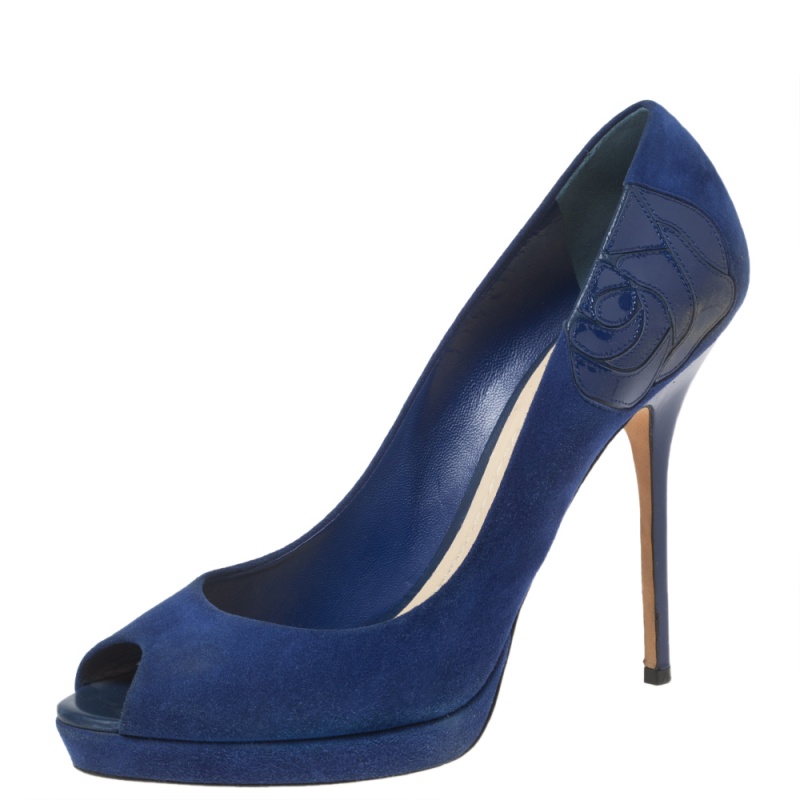 luxury-women-dior-used-shoes-p596378-1645246580-003-1 Dior Blue Suede Peep Toe Platform Pumps Size 40.5