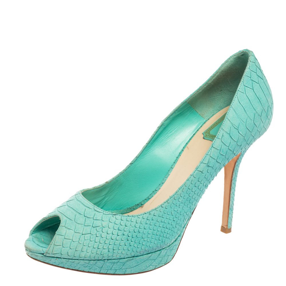 luxury-women-dior-used-shoes-p596394-002-2 Dior Turquoise Python Embossed Leather Miss Dior Peep-Toe Pumps Size 41