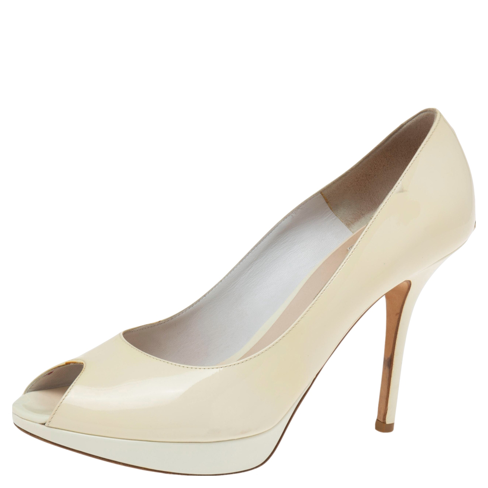luxury-women-dior-used-shoes-p596411-004-2 Dior Beige Patent Leather Miss Dior Peep Toe Platform Pumps Size 40.5