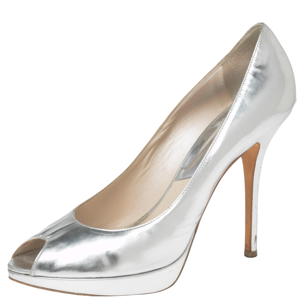 luxury-women-dior-used-shoes-p596421-010-2 Dior Silver Leather Miss Dior Peep Toe Pumps Size 40.5