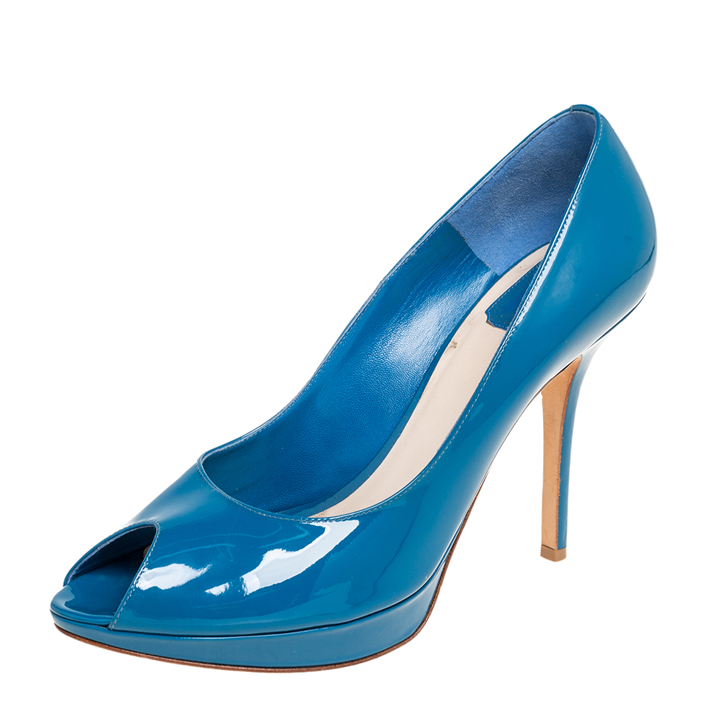 luxury-women-dior-used-shoes-p596427-004-2 Dior Blue Patent Leather Miss Dior Peep Toe Platform Pumps Size 41