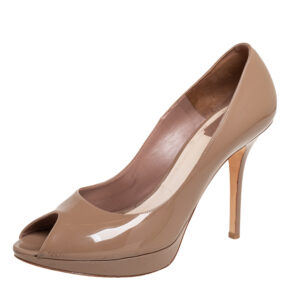 Dior Brown Patent Leather Miss Dior Peep Toe Platform Pumps Size 41