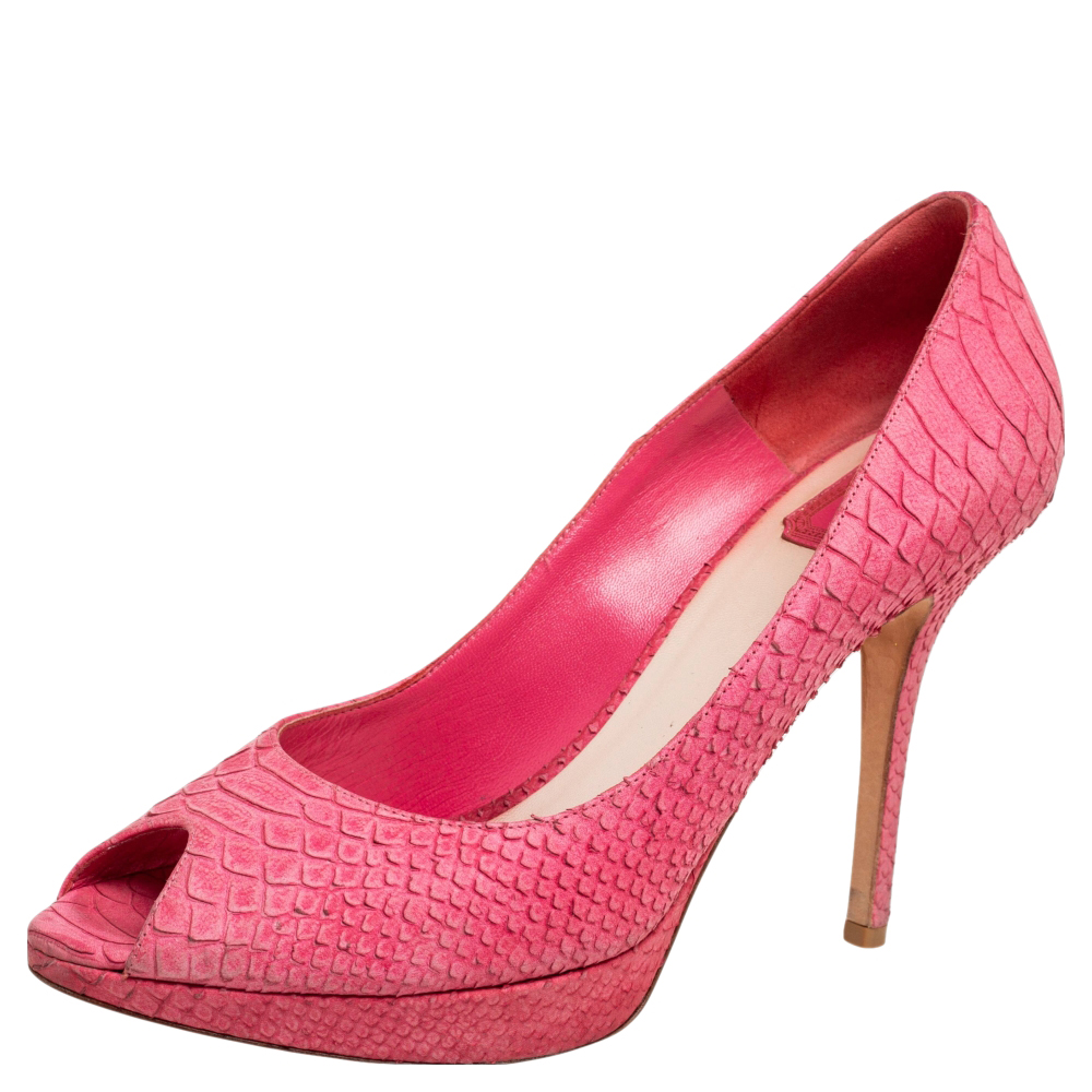 luxury-women-dior-used-shoes-p596661-004-1 Dior Pink Python Embossed Leather Miss Dior Peep Toe Pumps Size 41