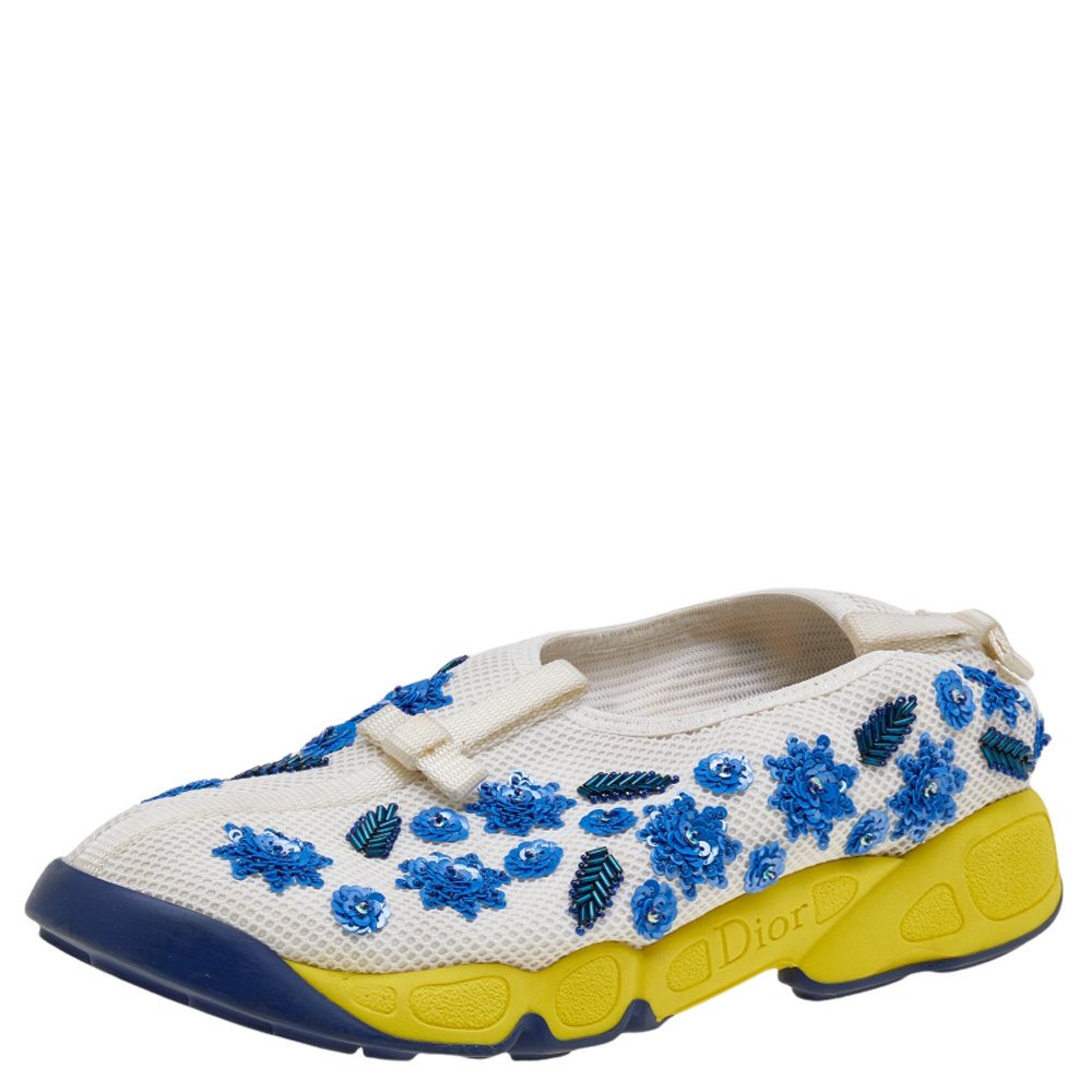luxury-women-dior-used-shoes-p602946-005-2 Dior White Mesh Fusion Floral Sequins Embellished Slip On Sneakers Size 37