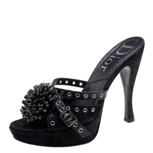 Dior Black Perforated Suede And Python Embellished Platform Slide Sandals Size 37