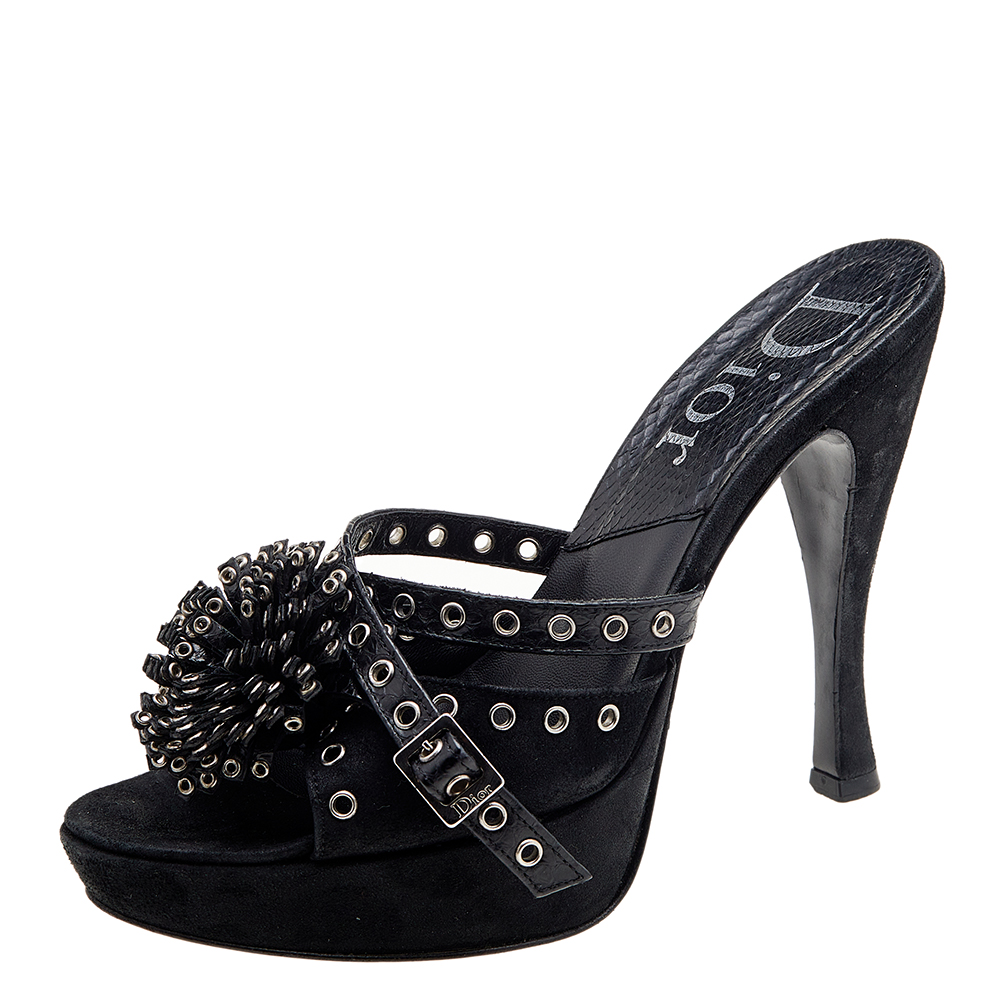 luxury-women-dior-used-shoes-p612745-004-2 Dior Black Perforated Suede And Python Embellished Platform Slide Sandals Size 37