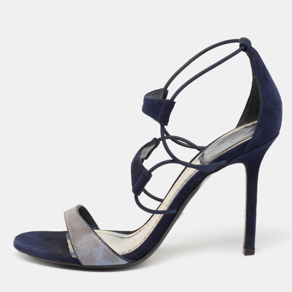 luxury-women-dior-used-shoes-p633697-003-2 Dior Blue Suede And Python Embossed Leather Open Toe Strap Sandals Size 37