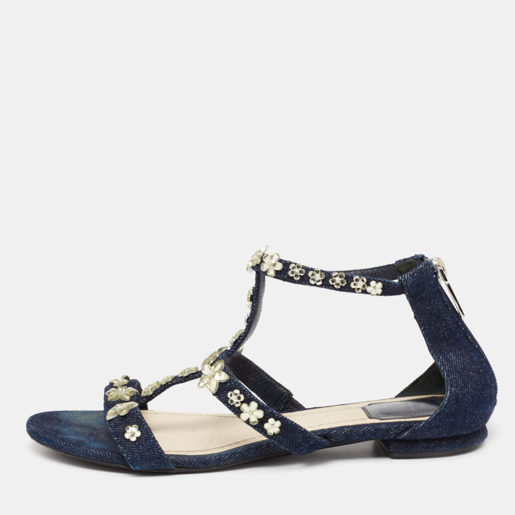 luxury-women-dior-used-shoes-p638138-004-2 Dior Blue Denim Jewel Embellished Strappy Flat Sandals Size 38.5