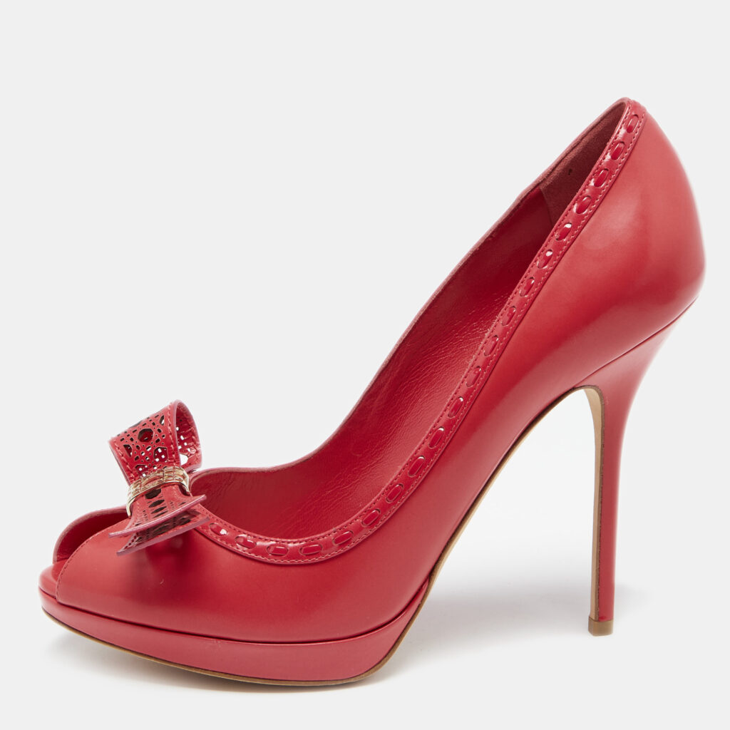luxury-women-dior-used-shoes-p647437-002-2 Dior Imperial Red Cannage Leather Peep Toe Bow Detail Platform Pumps Size 40.5