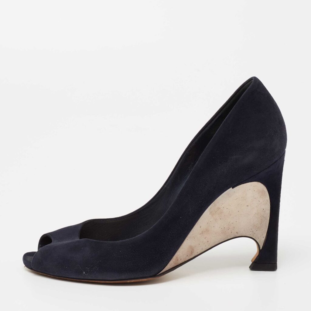 luxury-women-dior-used-shoes-p647933-003-2 Dior Navy Blue Suede Peep Toe Optique Wedge Pumps Size 36.5