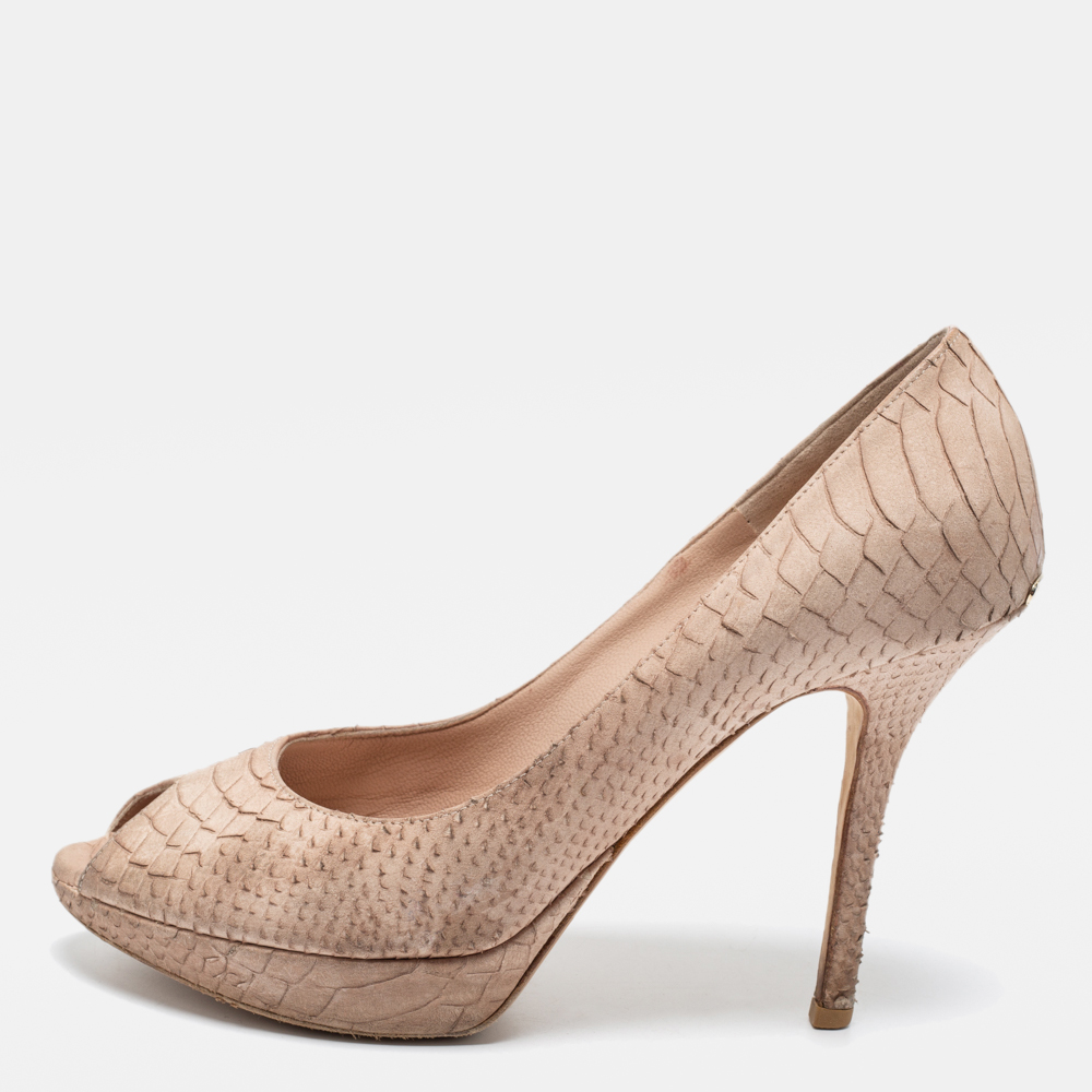 luxury-women-dior-used-shoes-p684735-001-1 Dior Beige Python Embossed Leather Miss Dior Peep Toe Pumps Size 38.5