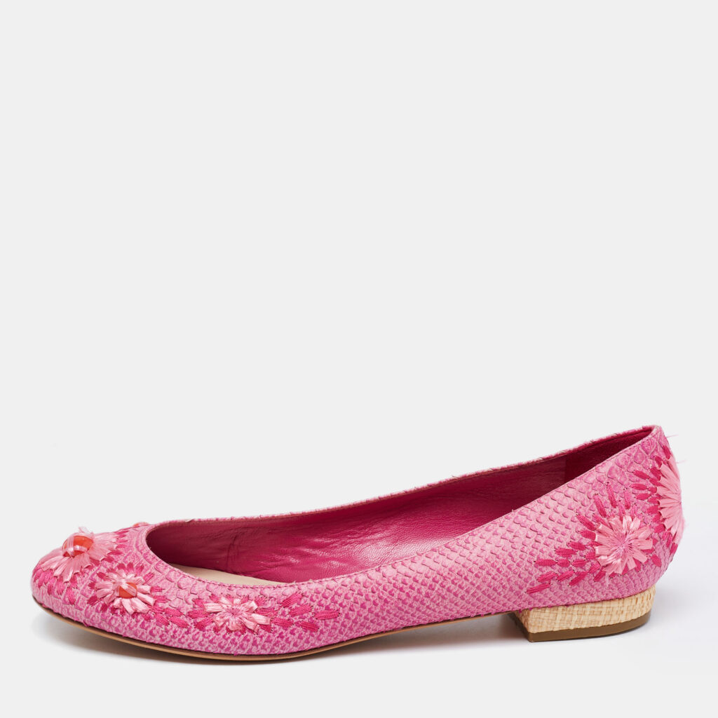 luxury-women-dior-used-shoes-p695095-002-1 Dior Pink Python Leather Floral Raffia Ballet Flats Size 40.5