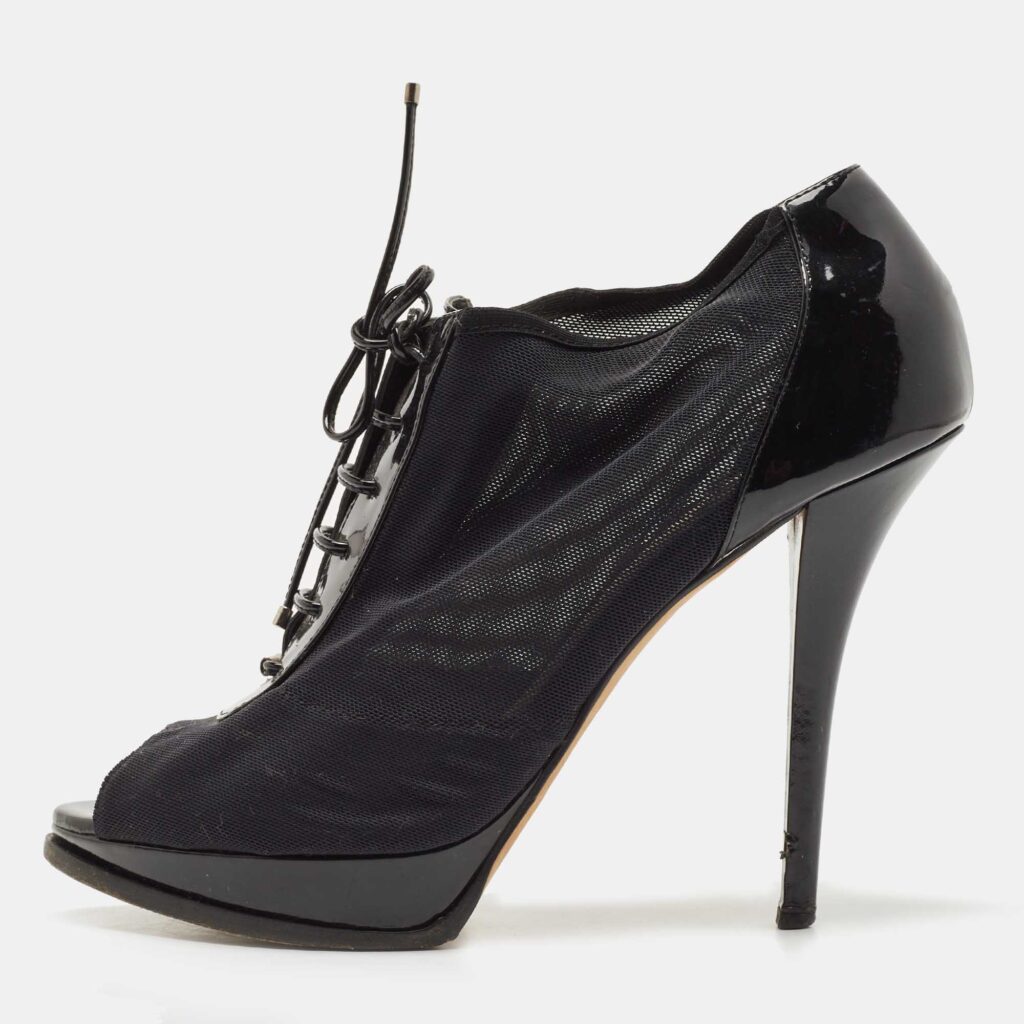 luxury-women-dior-used-shoes-p798657-003 Dior Black Patent Leather and Mesh Peep Toe Lace Up Ankle Booties Size 38.5