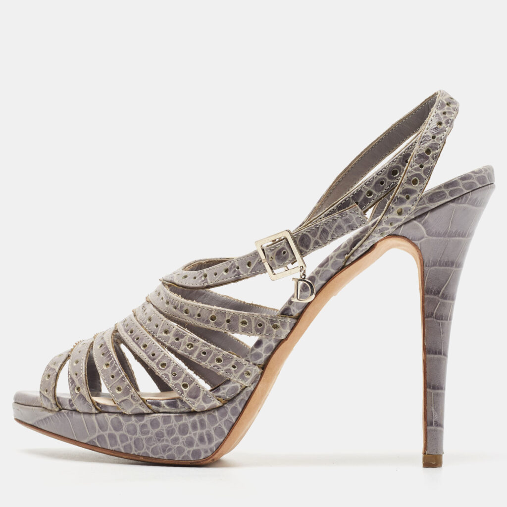 luxury-women-dior-used-shoes-p919752-010 Dior Grey Embossed Croc Strappy Platform Sandals Size 40
