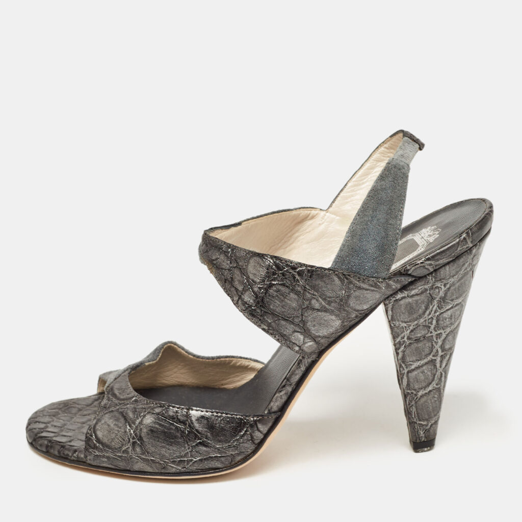 luxury-women-dior-used-shoes-p924700-003 Dior Grey/Silver Croc Embossed and Suede Slingback Sandals Size 39.5