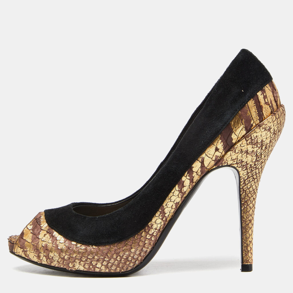 Dior Tri Color Suede and Python Peep Toe Pumps Size 38