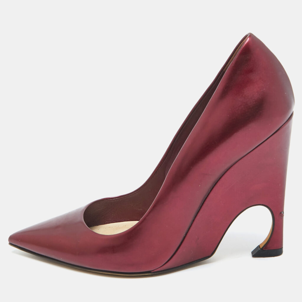 luxury-women-dior-used-shoes-p990219-001 Dior Metallic Burgundy Leather Wedge Pumps Size 36.5