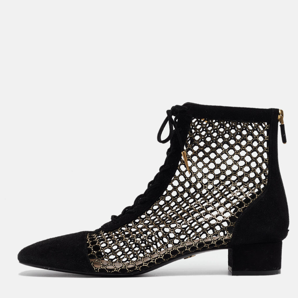 luxury-women-dior-used-shoes-p990879-001 Dior Black/Gold Suede and Mesh Naughtily-D Ankle Boots Size 42