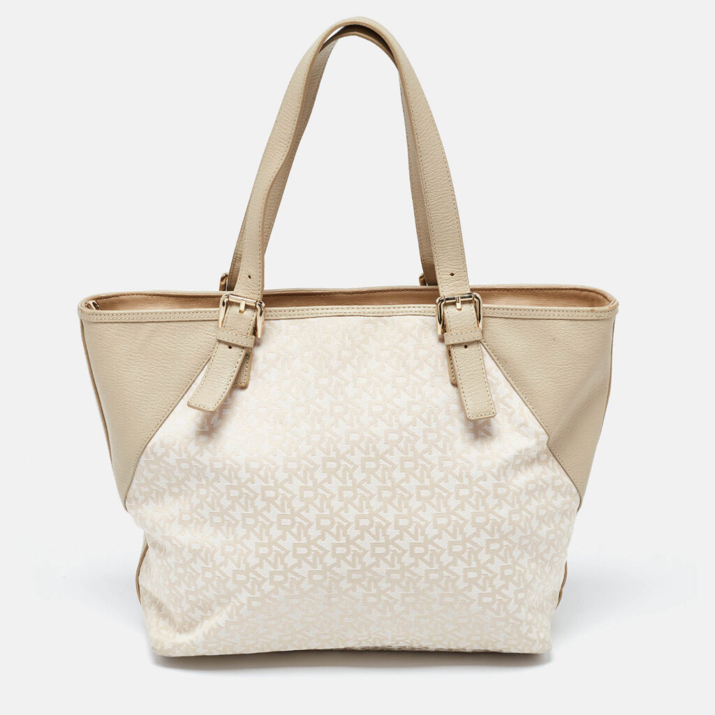 luxury-women-dkny-used-handbags-p1021965-018 Dkny Cream/Beige Monogram Canvas and Leather Zip Tote