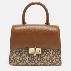 DKNY Brown/Beige Monogram Coated Canvas and Leather Flap Top Handle Bag
