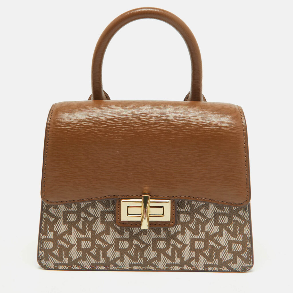 luxury-women-dkny-used-handbags-p1024585-016 DKNY Brown/Beige Monogram Coated Canvas and Leather Flap Top Handle Bag