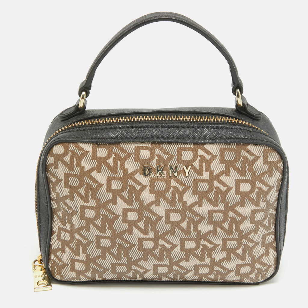 luxury-women-dkny-used-handbags-p1024587-012 Dkny Black/Beige Monogram Coated Canvas and Leather Zip Top Handle Bag