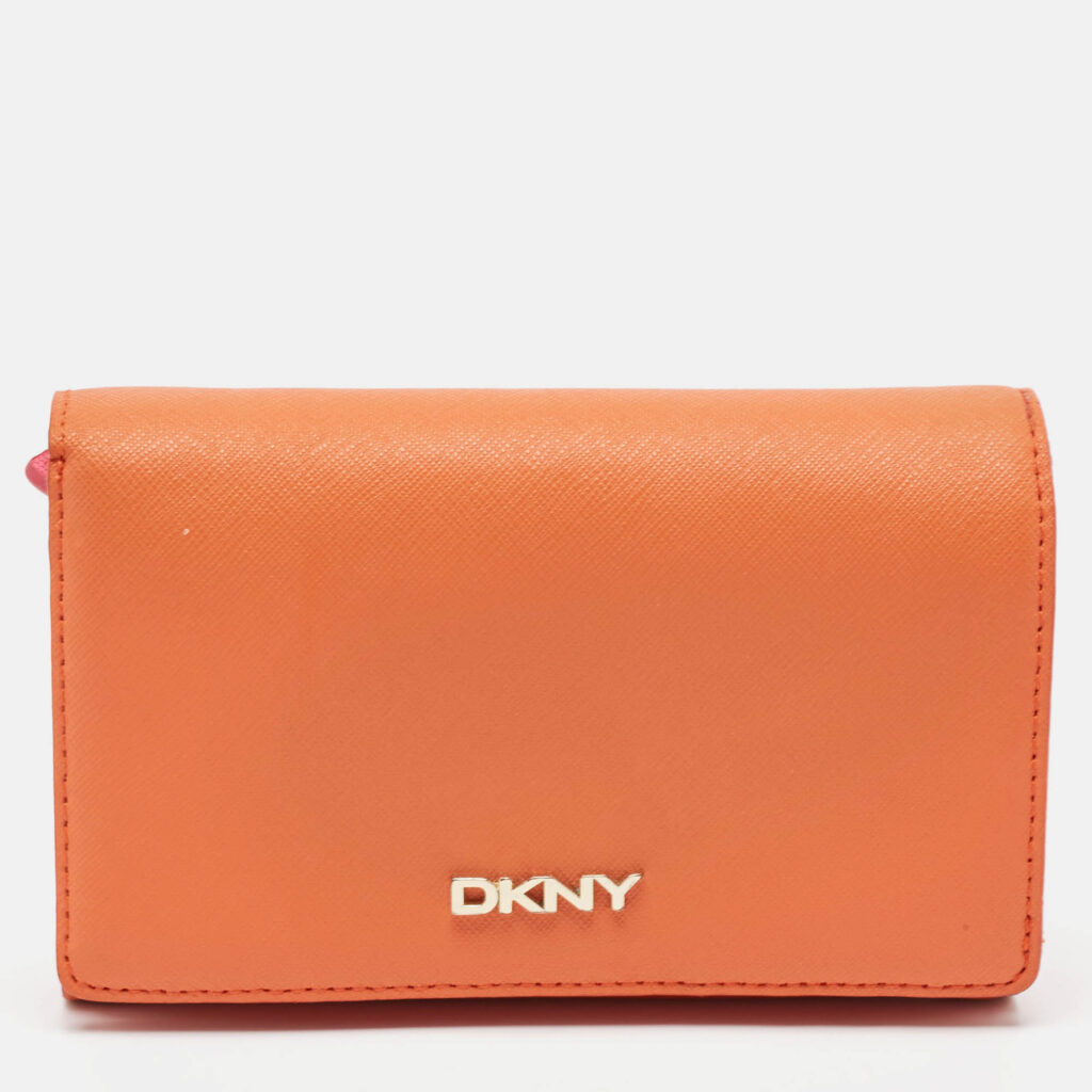 luxury-women-dkny-used-handbags-p1030393-012 Dkny Orang/Pink Leather French Flap Wallet