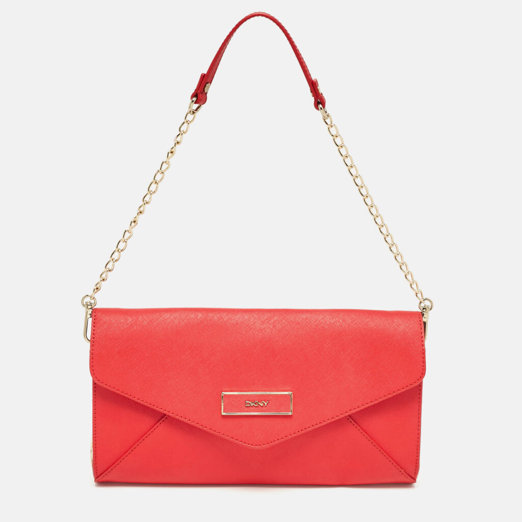 luxury-women-dkny-used-handbags-p1035177-011 DKNY Red Leather Logo Flap Shoulder Bag