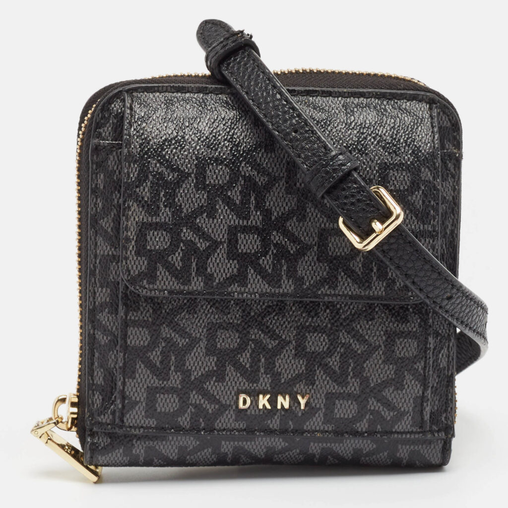 luxury-women-dkny-used-handbags-p1042034-016 DKNY Black/Grey Signature Coated Canvas Mini Zip Around Olive Crossbody Bag